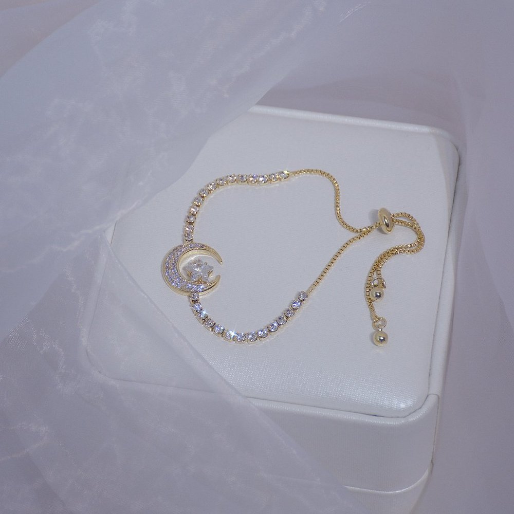 NEW 14K Gold Plated Diamond Moon Star Bracelet - Picture 7 of 7